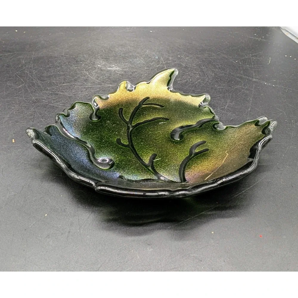 Claritas Studio Fused Art Glass Leaf Dish Iridescent Green Gold M Leeds Signed